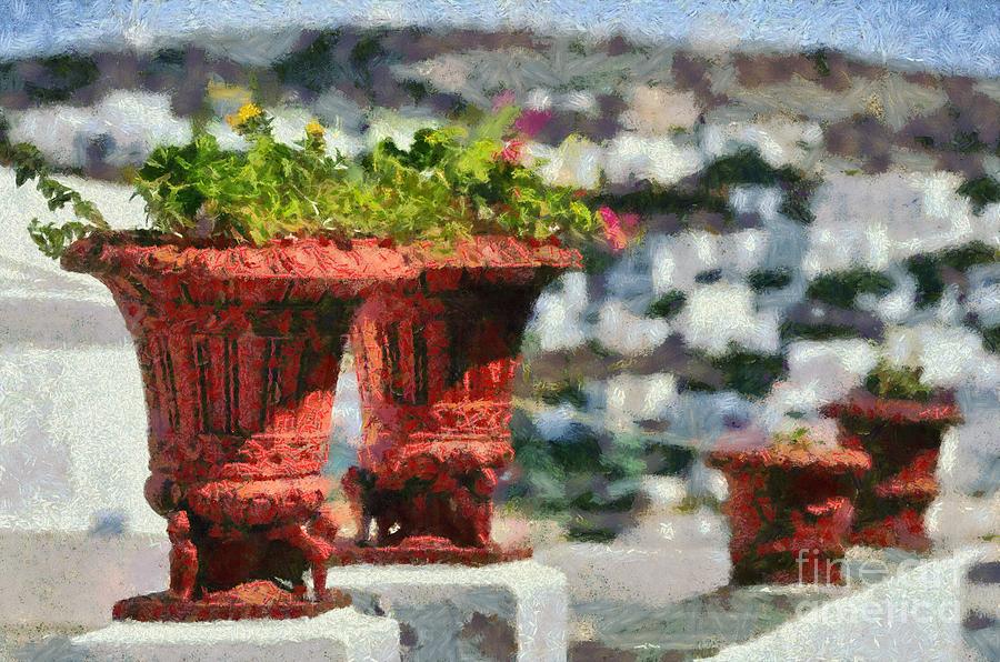 Flowerpots in Sifnos island Painting by George Atsametakis