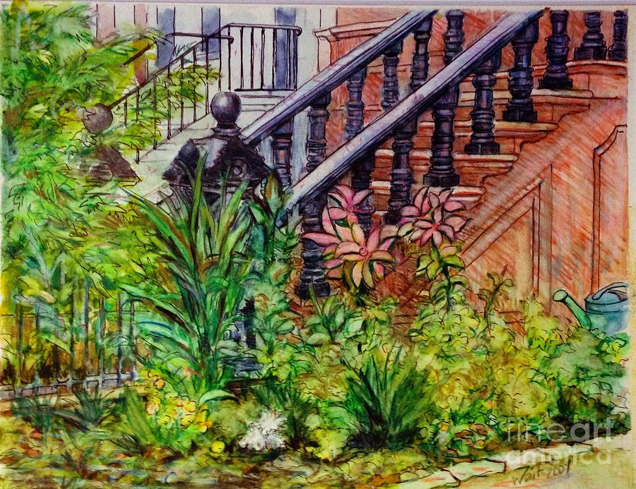 Park Slope Painting - Flowers and Balustrade Eighth Street by Nancy Wait