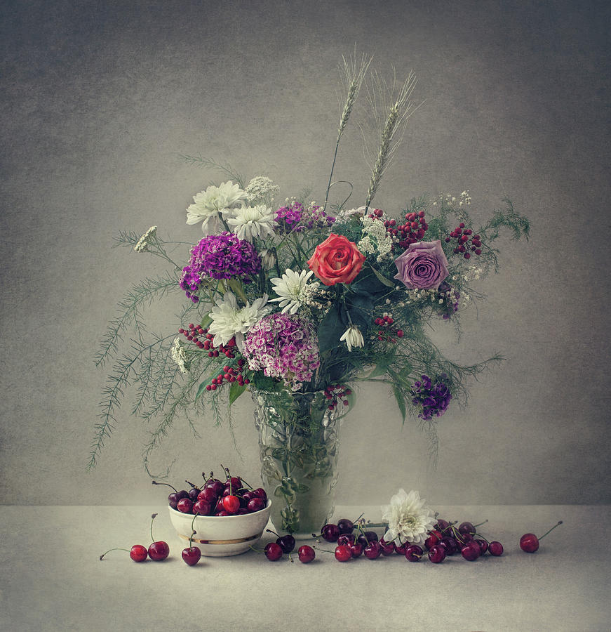 Still Life Photograph - Flowers And Cherries by Dimitar Lazarov -