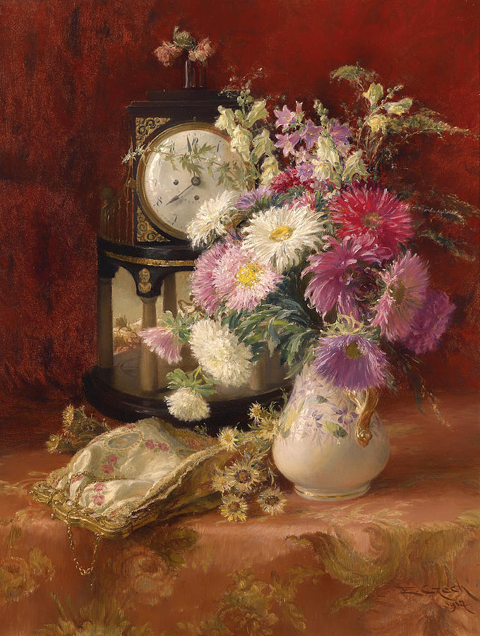 Flowers and Clock Painting by Mountain Dreams