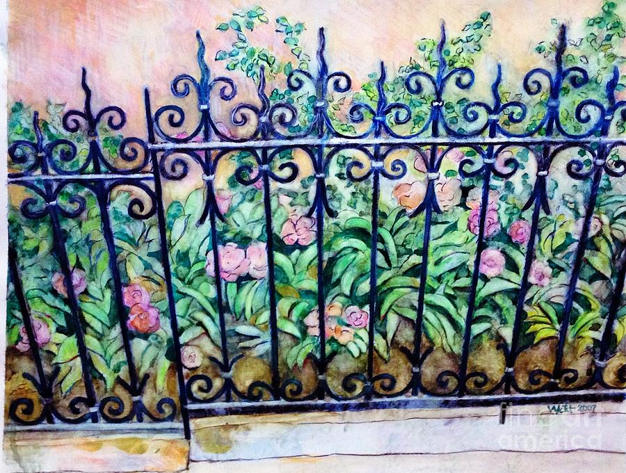 Flowers and Fence on Eighth Avenue Painting by Nancy Wait