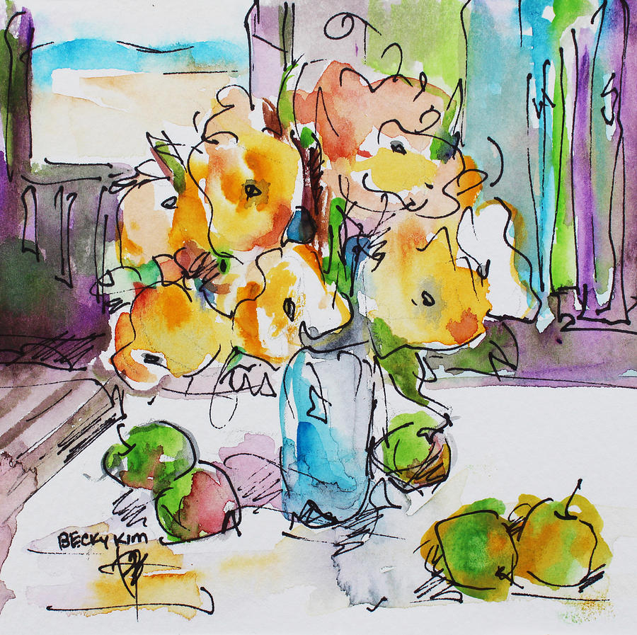 Flowers and Green Apples Painting by Becky Kim