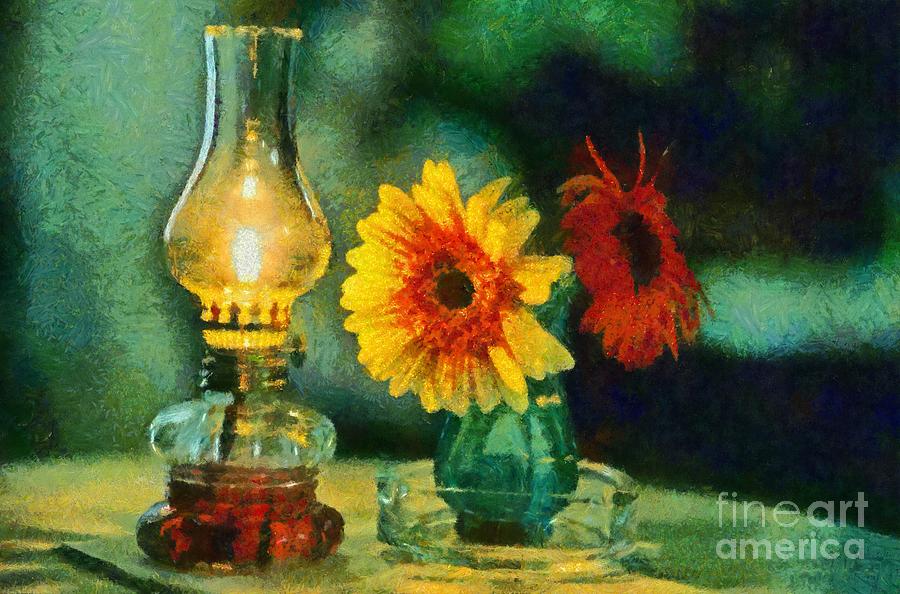 Flowers and lamp Painting by George Atsametakis