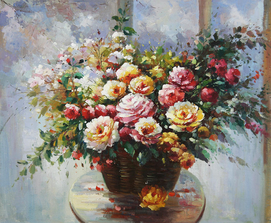 Flowers In A Basket Painting By Unknown