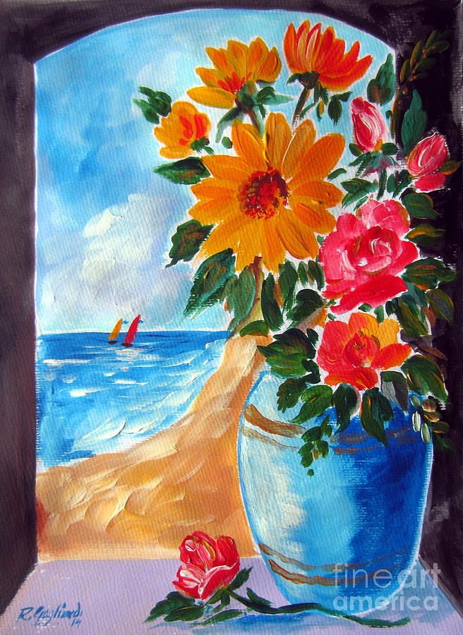 Flowers in a blue vase  and the beach Painting by Roberto Gagliardi
