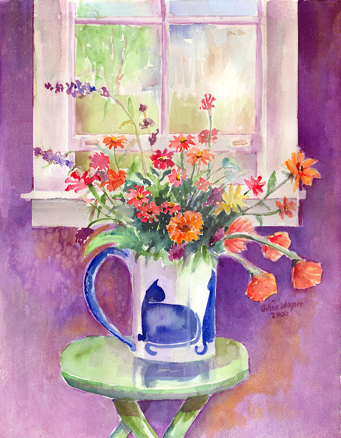 Flowers In A Cat Pitcher Painting by Arline Wagner