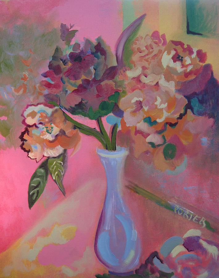Abstract Painting - Flowers in a Lavender Vase by Sally Porter