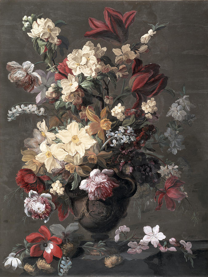 Still Life Drawing - Flowers In A Vase Standing On A Ledge by Mary Moser