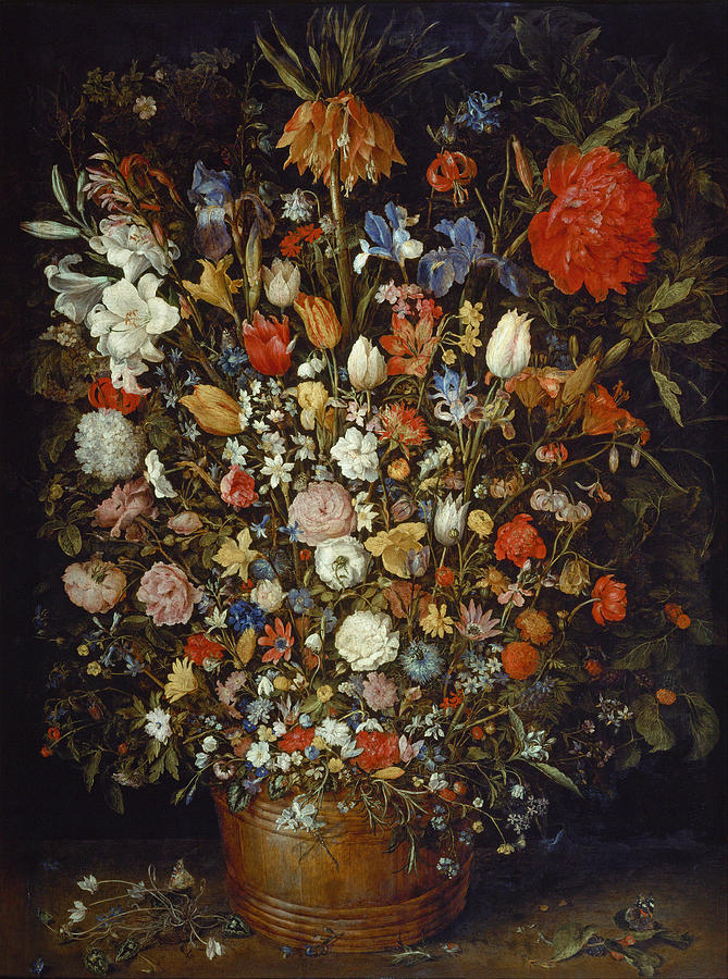 Jan Brueghel The Elder Painting - Flowers in a Wooden Vessel by Jan Brueghel the Elder
