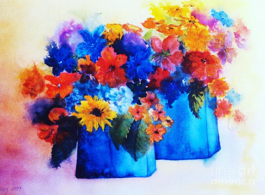 Flowers in Blue Vases Painting by Dagmar Helbig