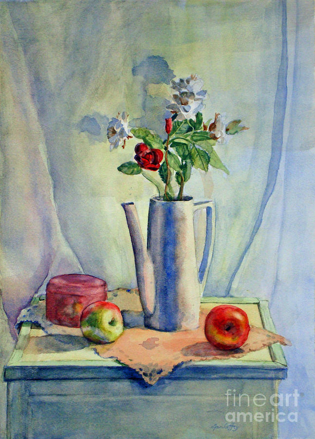 Flowers in Pitcher with Apples Painting by Joan Coffey