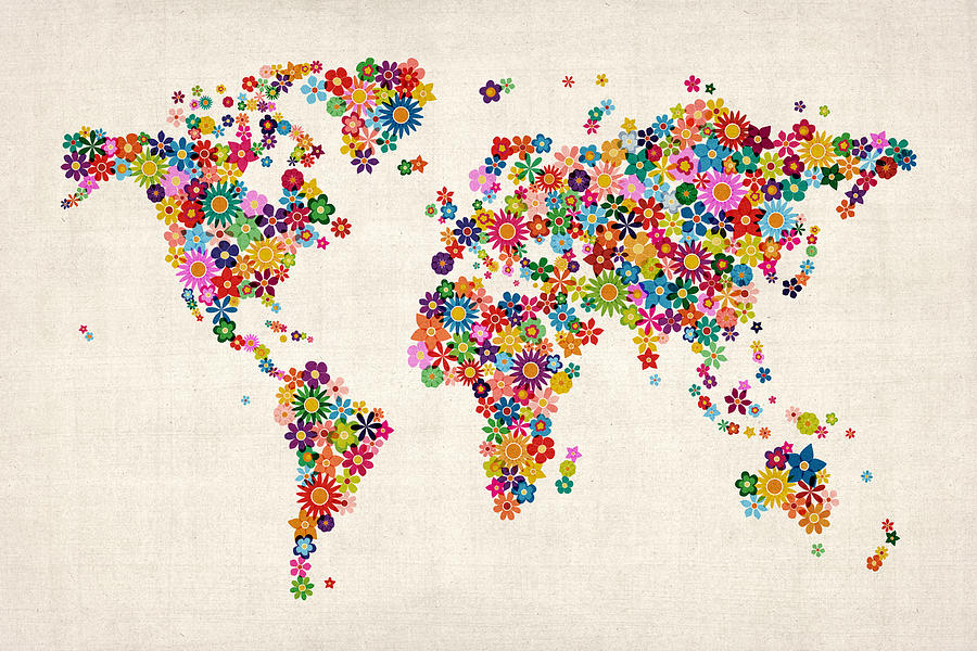 Flowers Map of the World Map Digital Art by Michael Tompsett