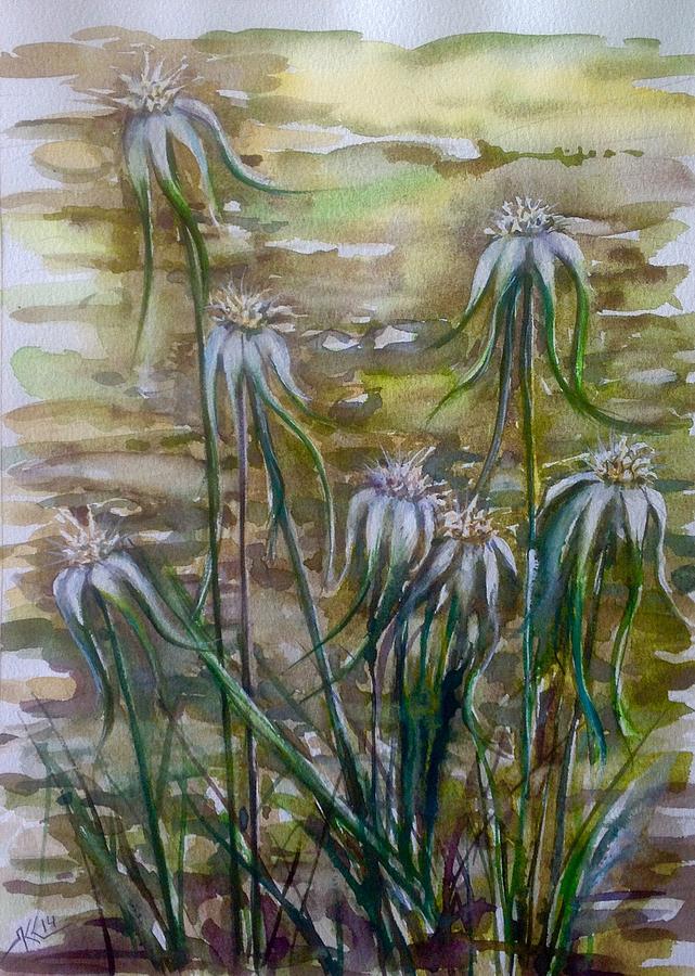 Flowers near the pond Painting by Katerina Kovatcheva