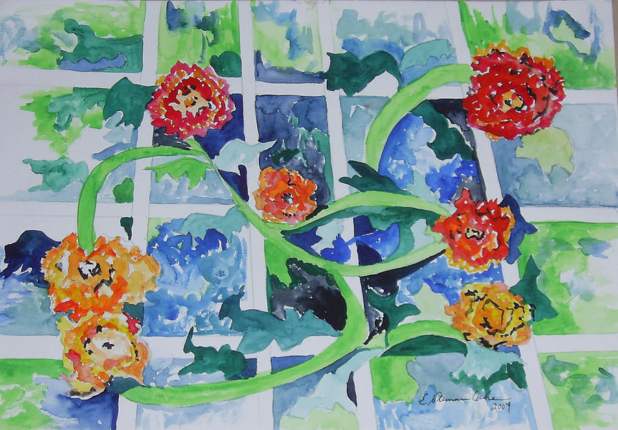 Flowers Still Life Painting - Flowers on a Trellis by Esther Newman-Cohen