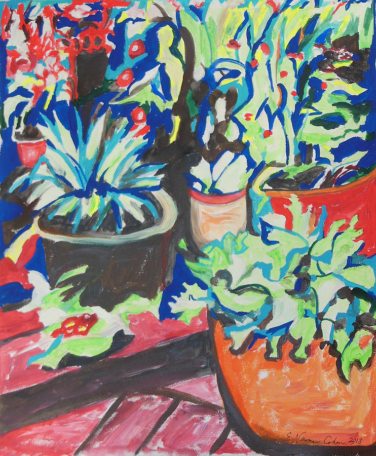 Flowers Pots on a Wooden Deck Painting by Esther Newman-Cohen