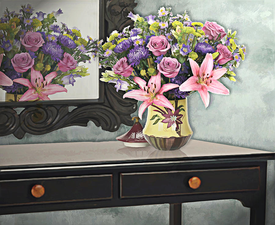 Flowers Table and Mirror in the Foyer Still Life Painting by Elaine Plesser