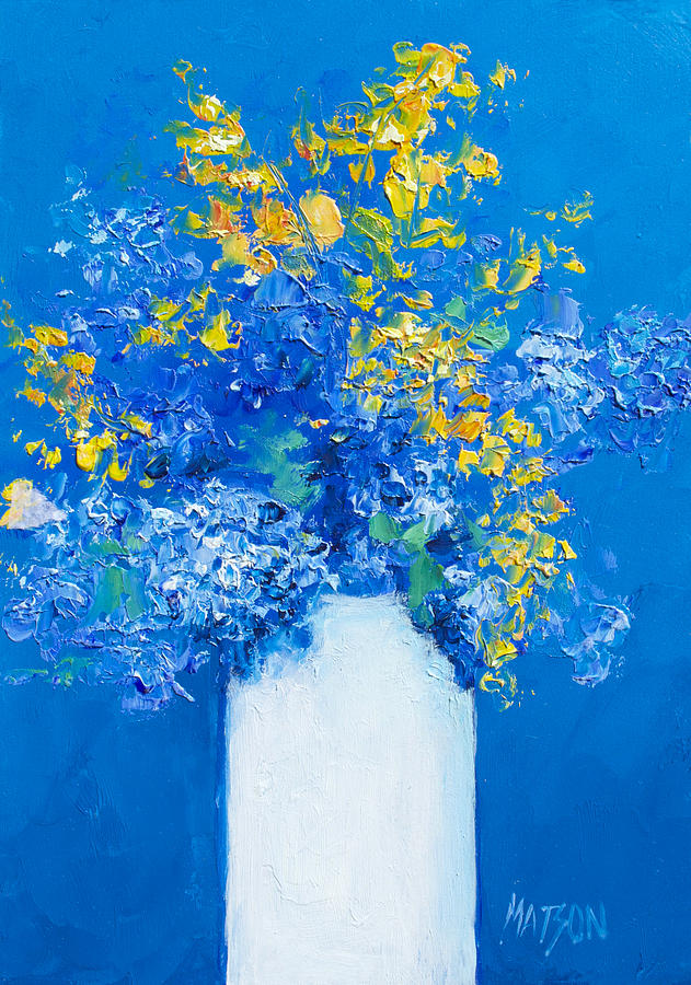 Flowers with blue background Painting by Jan Matson
