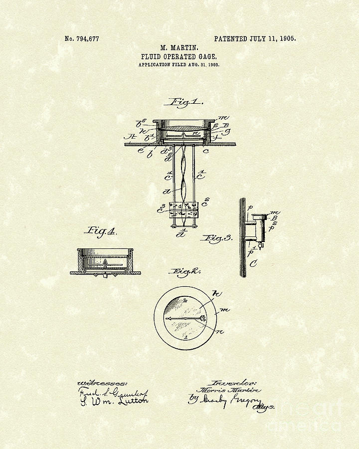 Fluid Gauge 1905 Patent Art Drawing by Prior Art Design