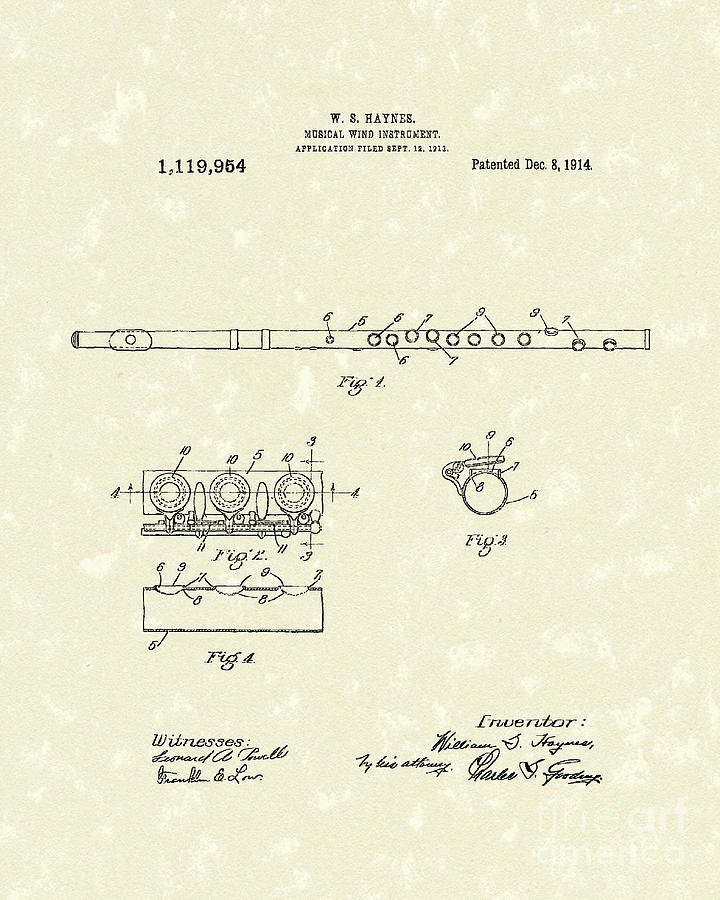 Flute 1914 Patent Art Drawing by Prior Art Design