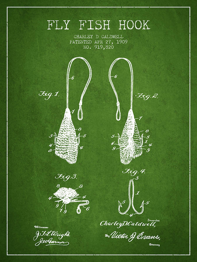 Fish Digital Art - Fly Fish Hook Patent from 1909- Green by Aged Pixel