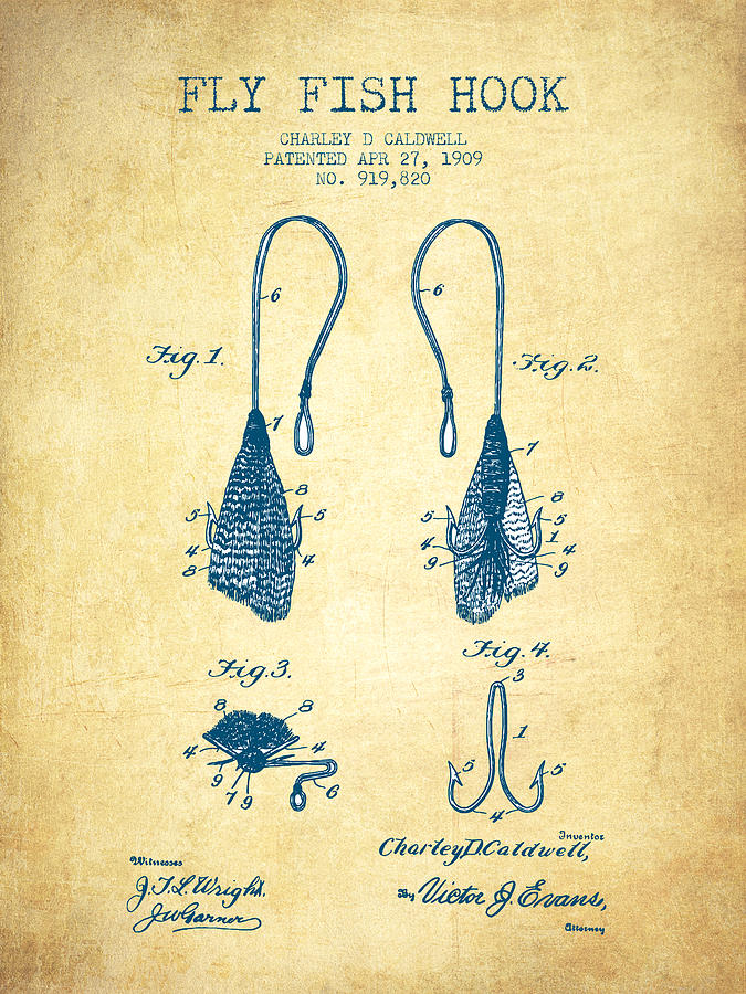 Fish Digital Art - Fly Fish Hook Patent from 1909- Vintage Paper by Aged Pixel