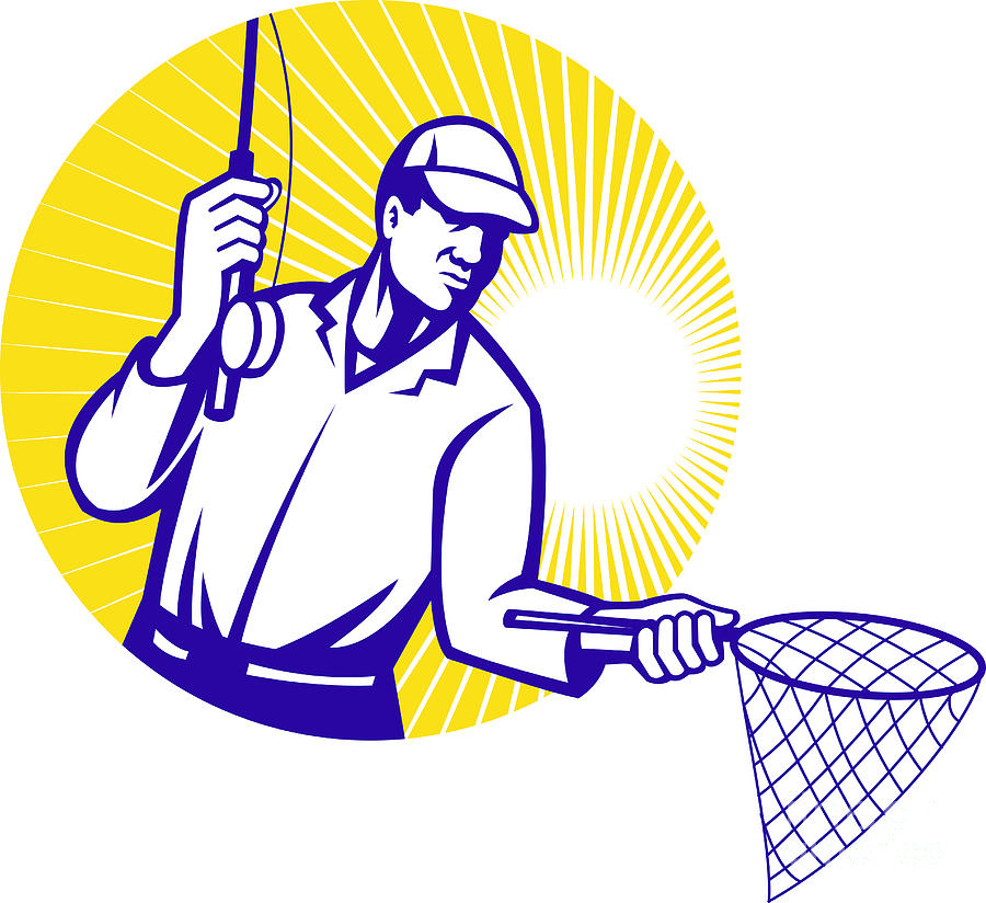 Sports Digital Art - Fly Fisherman Fishing Net Retro Woodcut by Aloysius Patrimonio