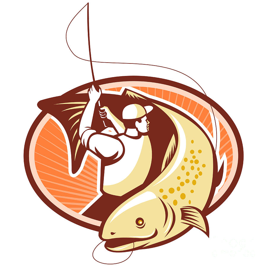 Trout Digital Art - Fly Fisherman Reeling Trout Fish Retro by Aloysius Patrimonio