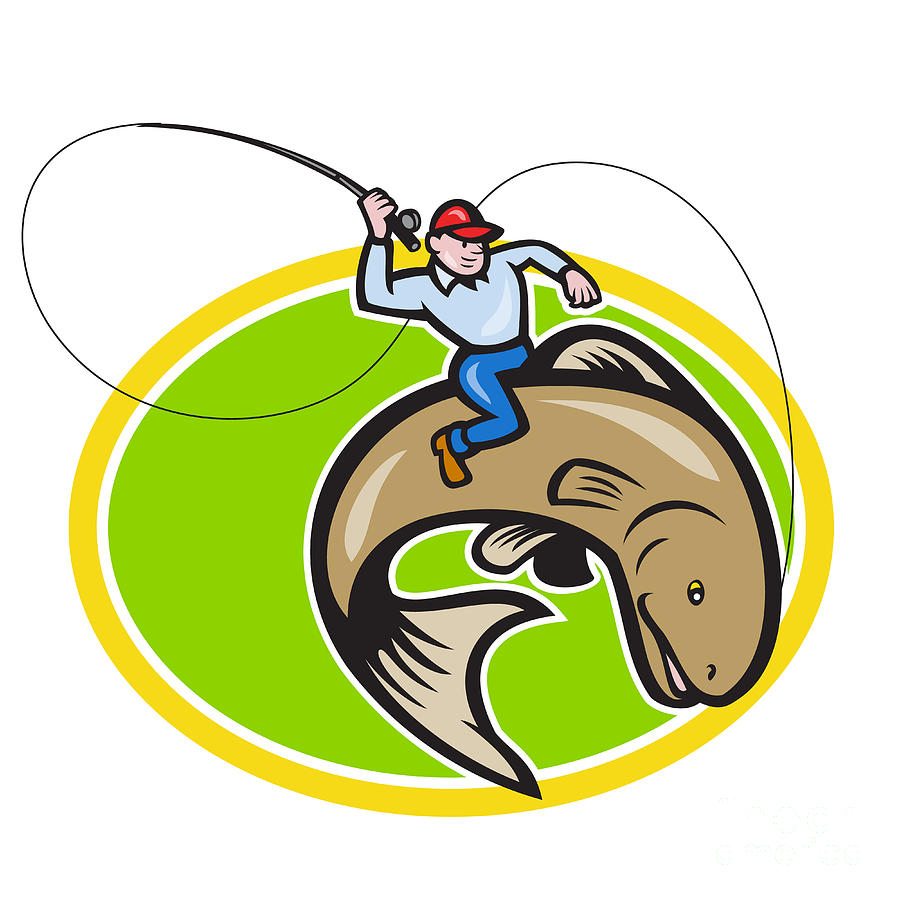 Trout Digital Art - Fly Fisherman Riding Trout Fish Cartoon by Aloysius Patrimonio