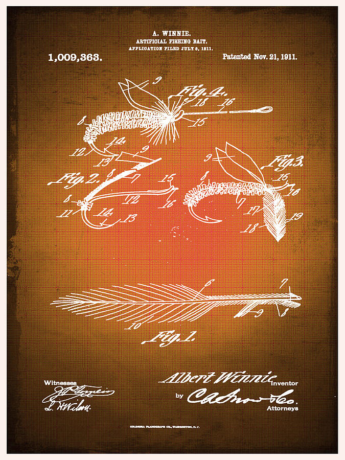 Fly Fishing Bait Patent Blueprint Drawing Sepia Mixed Media by Tony Rubino