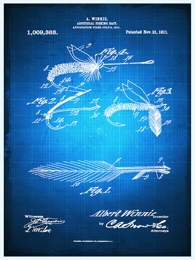 Fly Fishing Bait Patent Blueprint Drawing Mixed Media by Tony Rubino