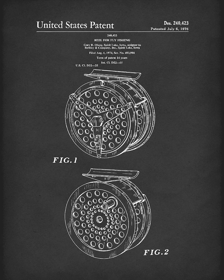 Oberg Drawing - Fly Fishing Reel 1976 Patent Art Black by Prior Art Design