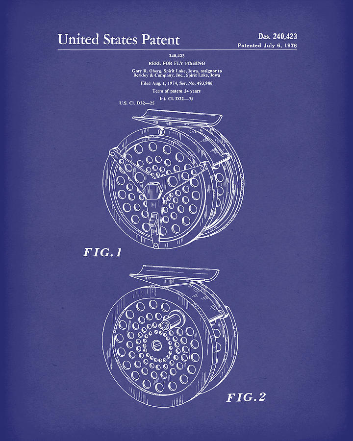 Fly Fishing Reel 1976 Patent Art Blue Drawing by Prior Art Design