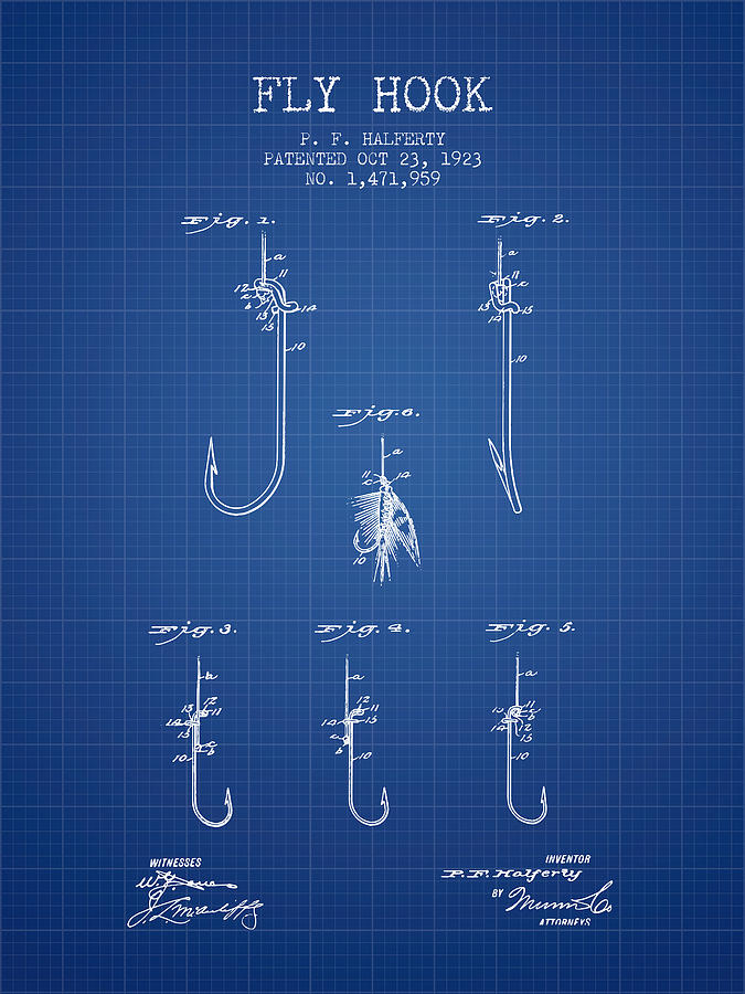 Fish Digital Art - Fly Hook Patent from 1923 - Blueprint by Aged Pixel