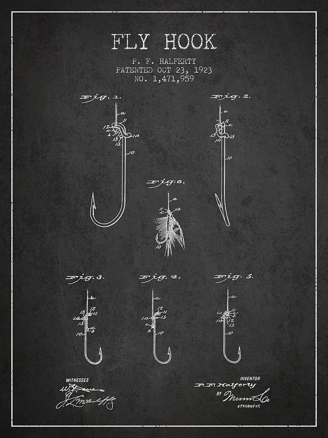 Fly Hook Patent From 1923 - Charcoal Digital Art