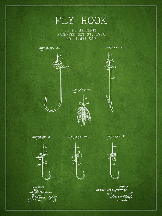 Fish Digital Art - Fly Hook Patent from 1923 - Green by Aged Pixel