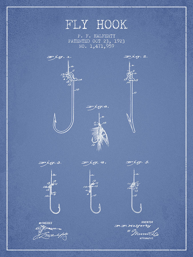Fish Digital Art - Fly Hook Patent from 1923 - Light Blue by Aged Pixel