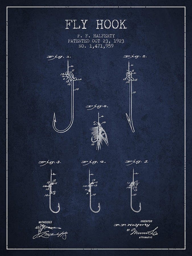 Fly Hook Patent From 1923 - Navy Blue Digital Art