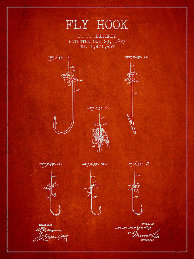 Fish Digital Art - Fly Hook Patent from 1923 - Red by Aged Pixel