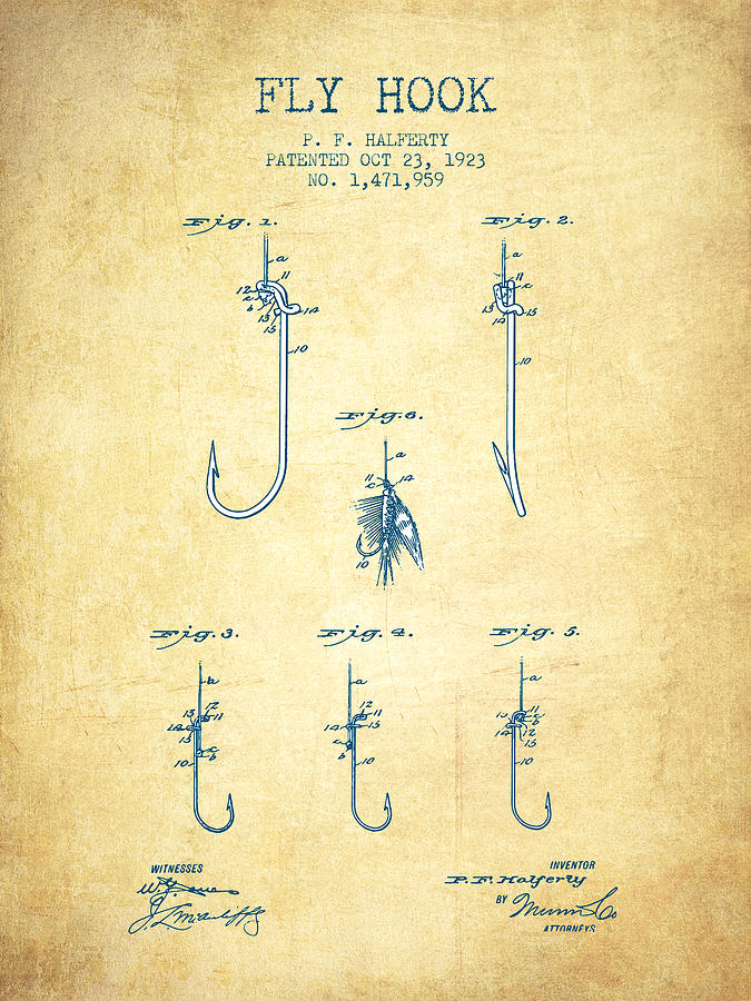 Fish Digital Art - Fly Hook Patent from 1923 - Vintage Paper by Aged Pixel