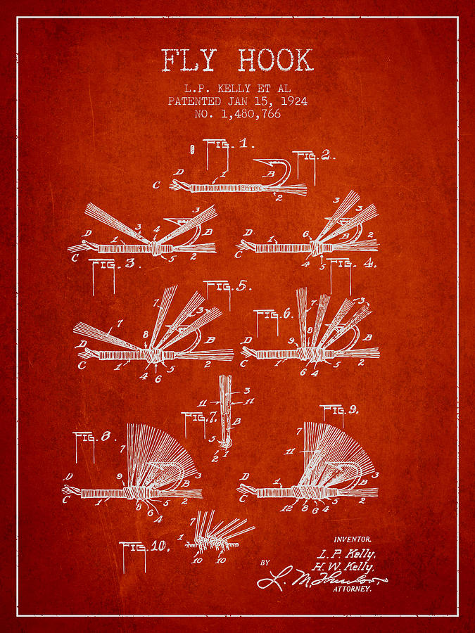 Fish Digital Art - Fly Hook Patent from 1924 - Red by Aged Pixel