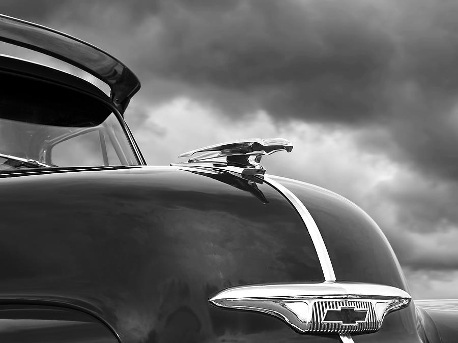 Fly Like a Bird - Chevy Hood Ornament Black and White 53 -54  Photograph by Gill Billington