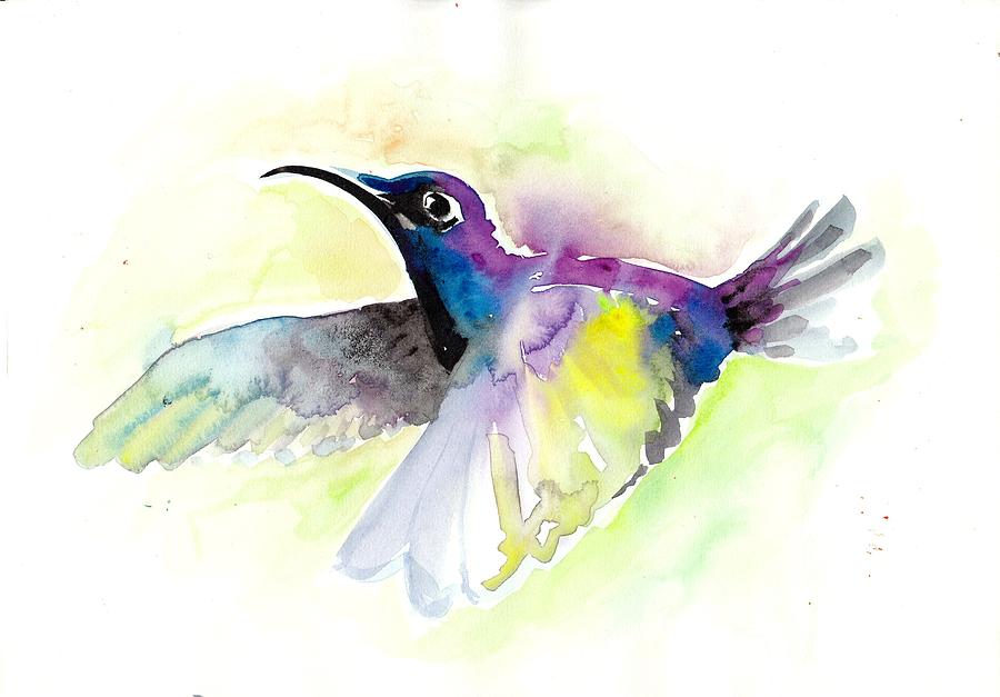 Flying Hummingbird Watercolor Painting by Tiberiu Soos
