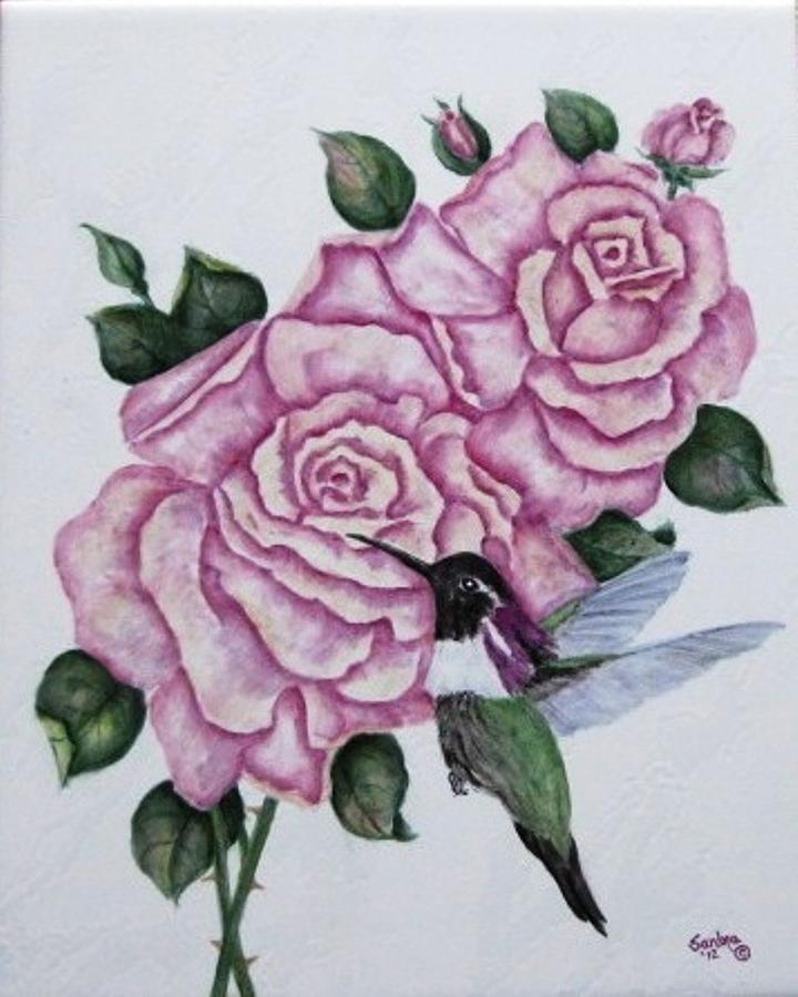 Flying Jewel On Roses Painting
