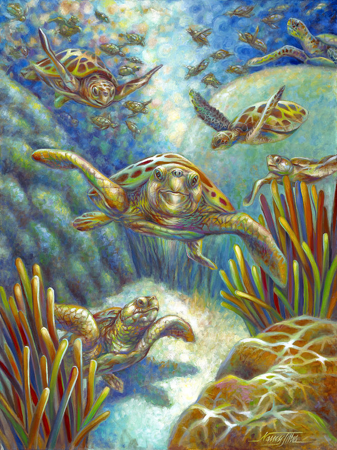 Flying Loggerhead Turtles Painting by Nancy Tilles