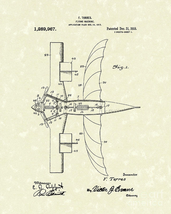Flying Machine 1918 Patent Art Drawing by Prior Art Design