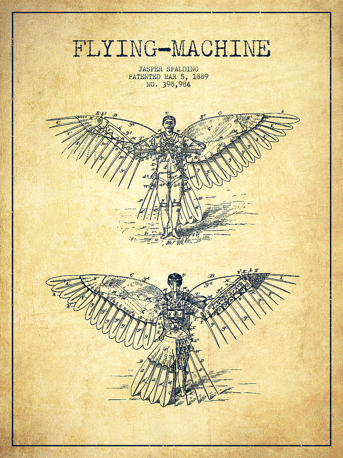 Flying Machine Patent Drawing-vintage Digital Art by Aged Pixel