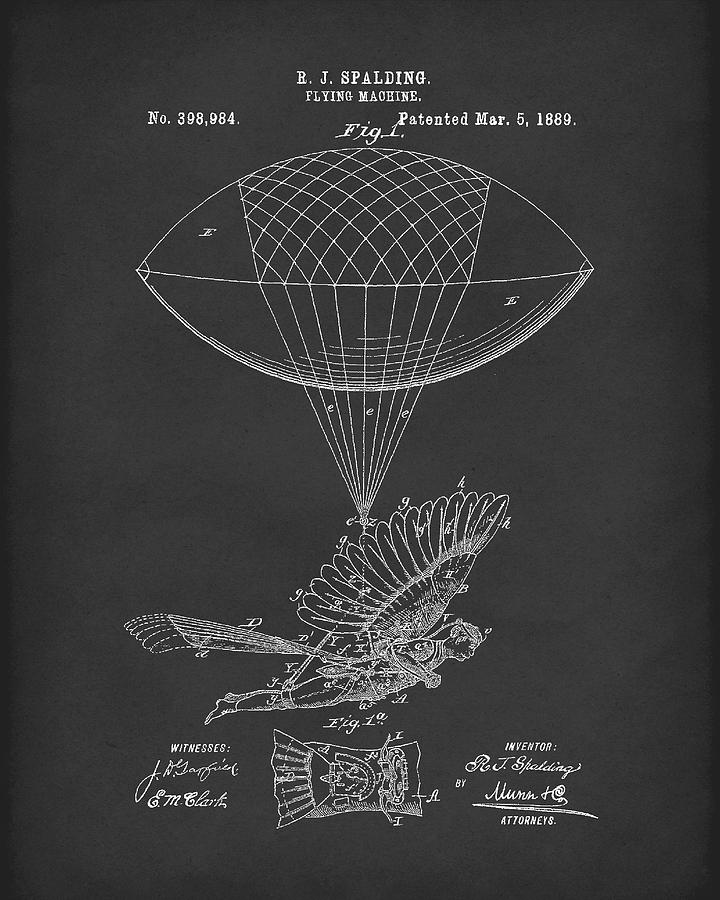Flying Machine Spalding 1889 Patent Art Black Drawing by Prior Art Design