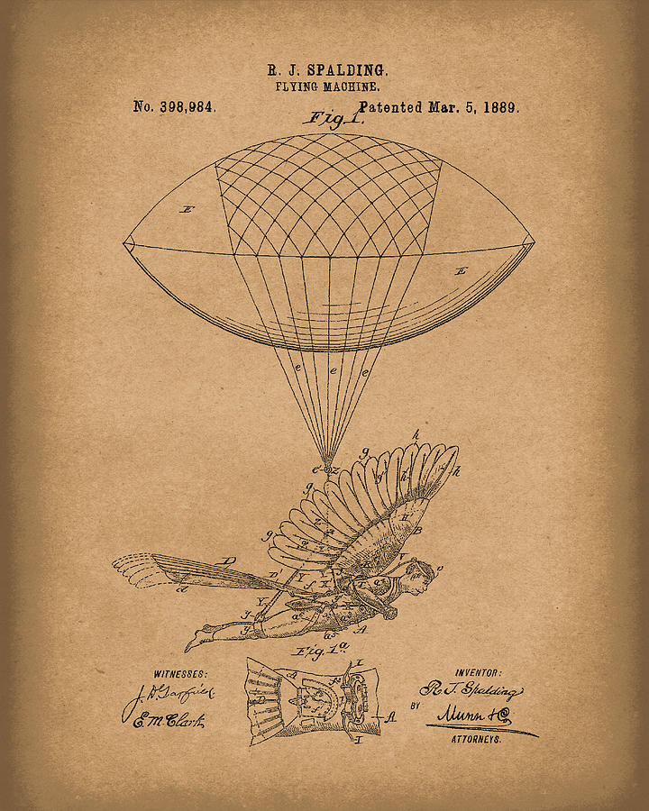 Flying Machine Spalding 1889 Patent Art Brown Drawing by Prior Art Design
