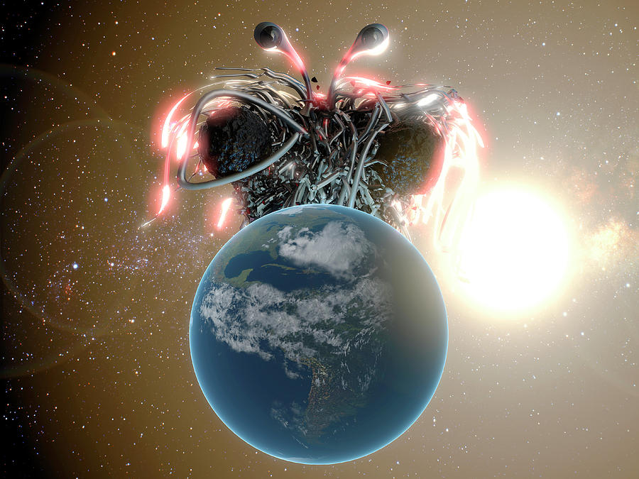 Planet Photograph - Flying Spaghetti Monster And Earth by Christian Darkin