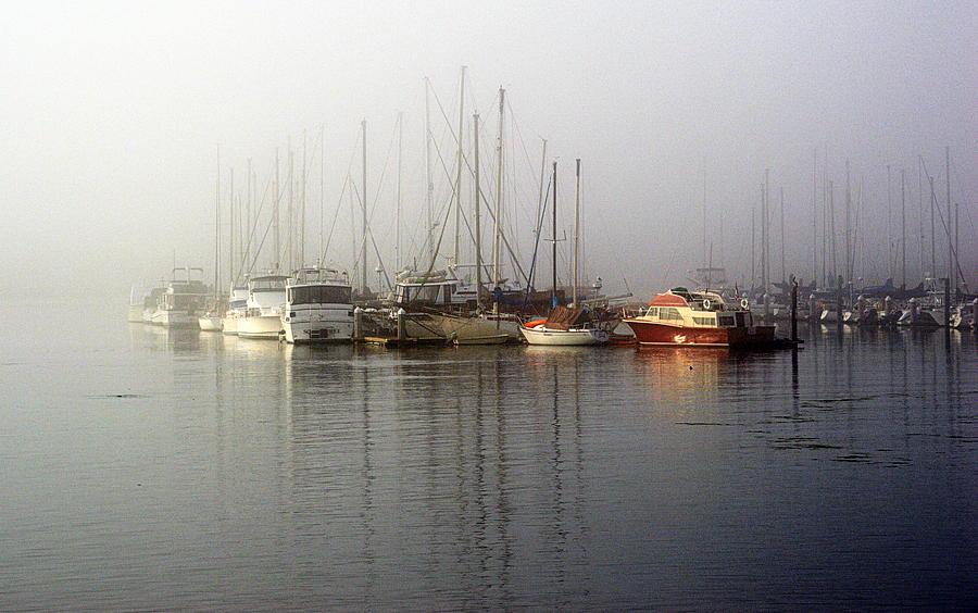 Boat Photograph - Fog Light in the Harbor by AJ  Schibig